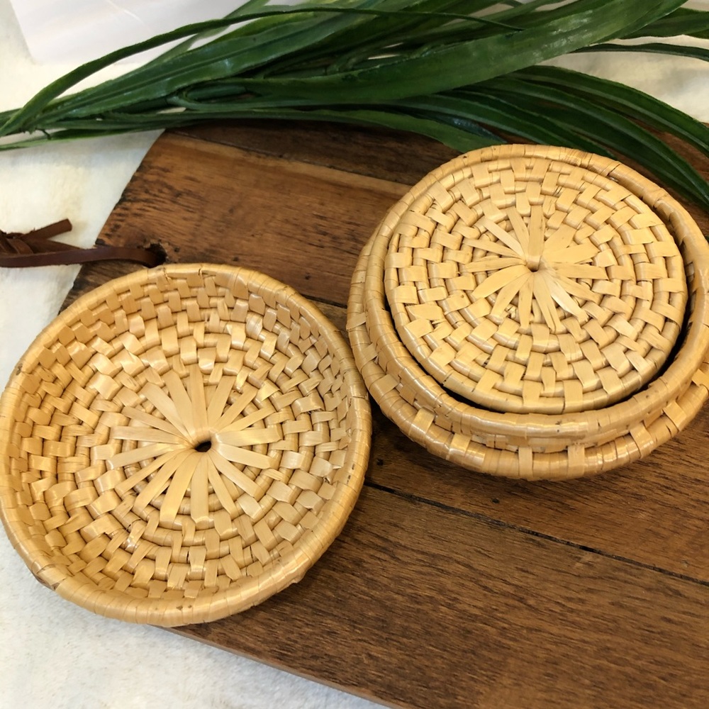Vintage Boho Woven Wicker Basket Coaster Set of 5